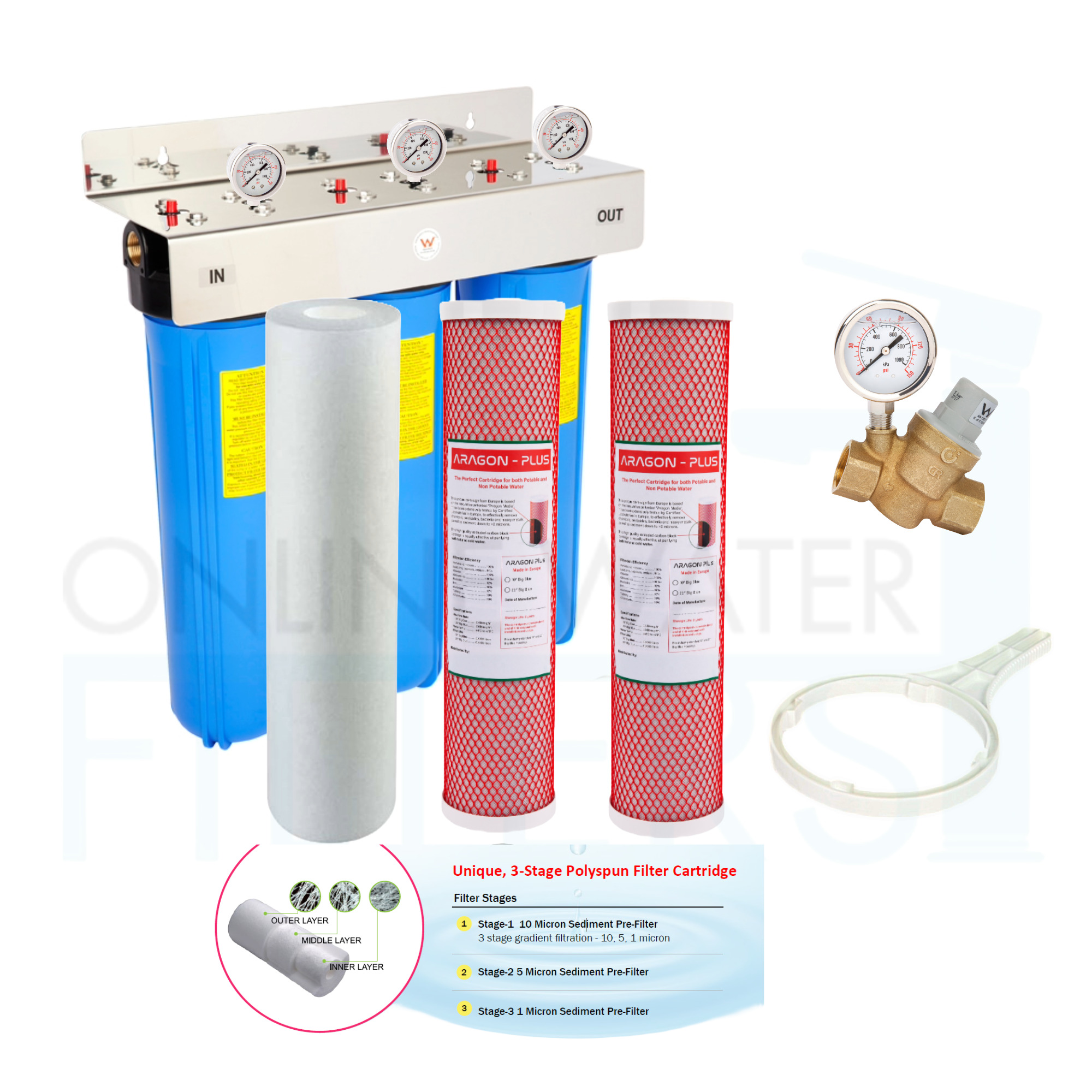Triple Whole-House Water Filter S/S Bracket + Aragon Plus