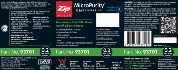 Zip 93701 MicroPurity 0.2 micron Water filter for Residential 1 size
