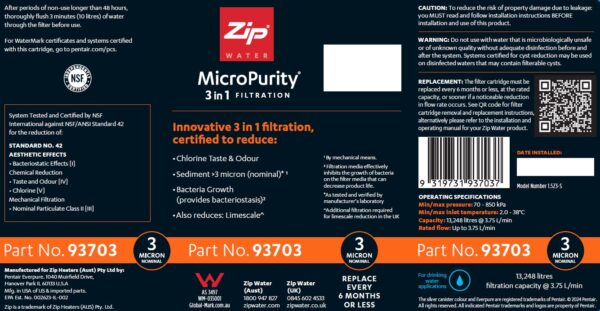 Zip MicroPurity 3-micron Filter 93703 Size-1.5 Performance Data Label
